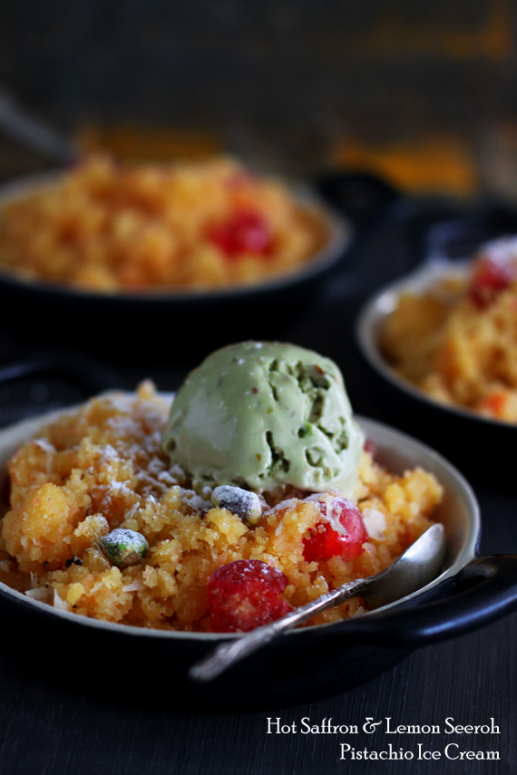 Hot Saffron and Lemon Seeroh with Pistachio Ice Cream