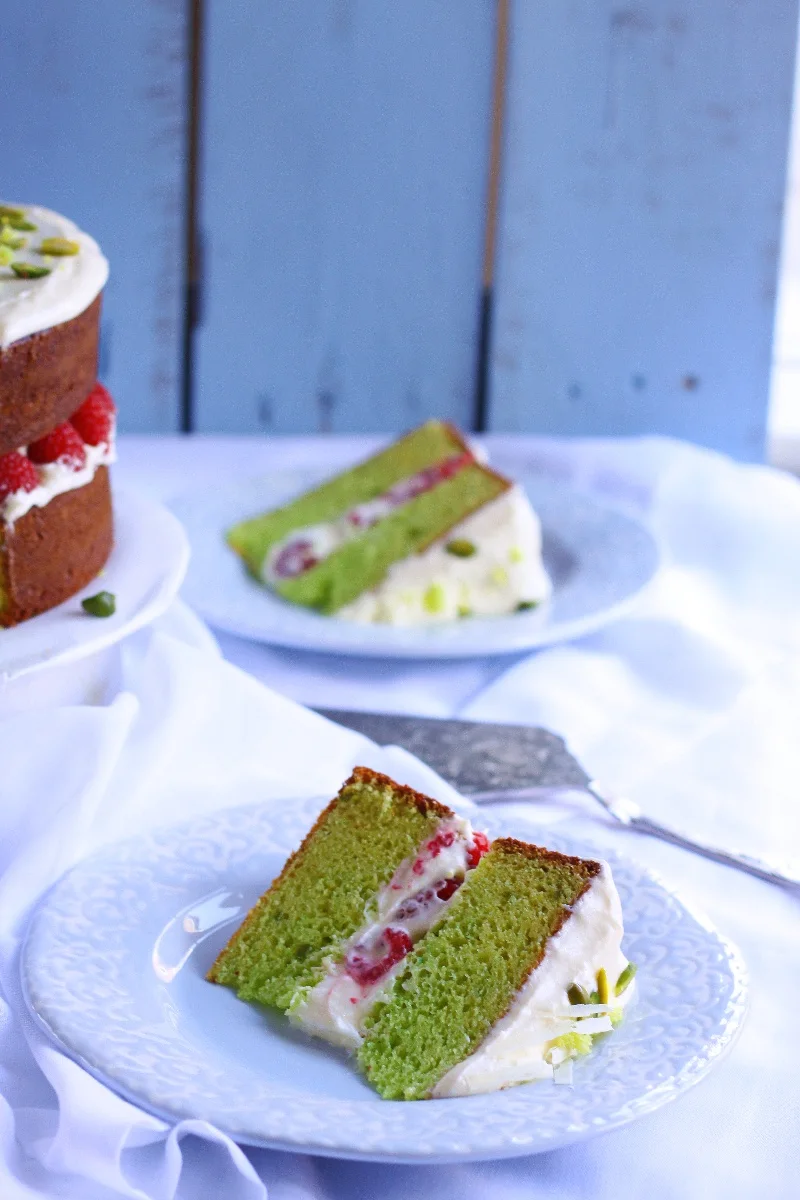 Eggless Pistachio and Raspberry Buttermilk Cake