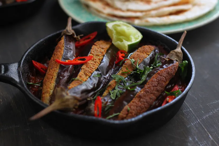 Stuffed and Baked Baby Kolhapuri Aubergines