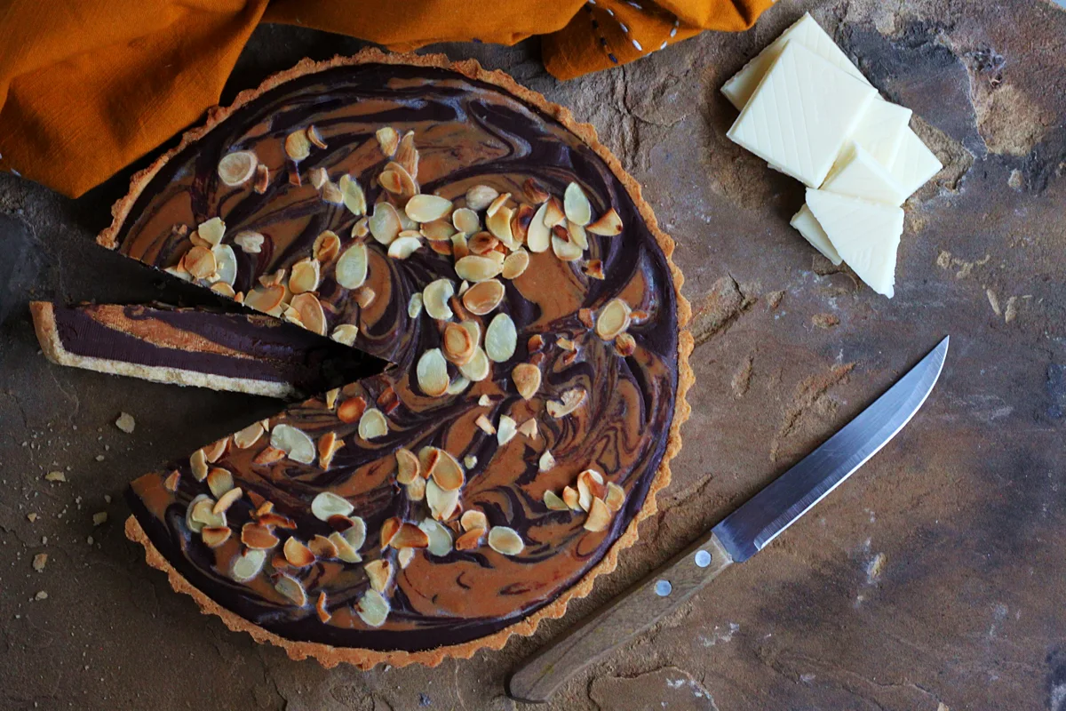 Eggless Dark Chocolate, Almond and Roasted White Chocolate Tart