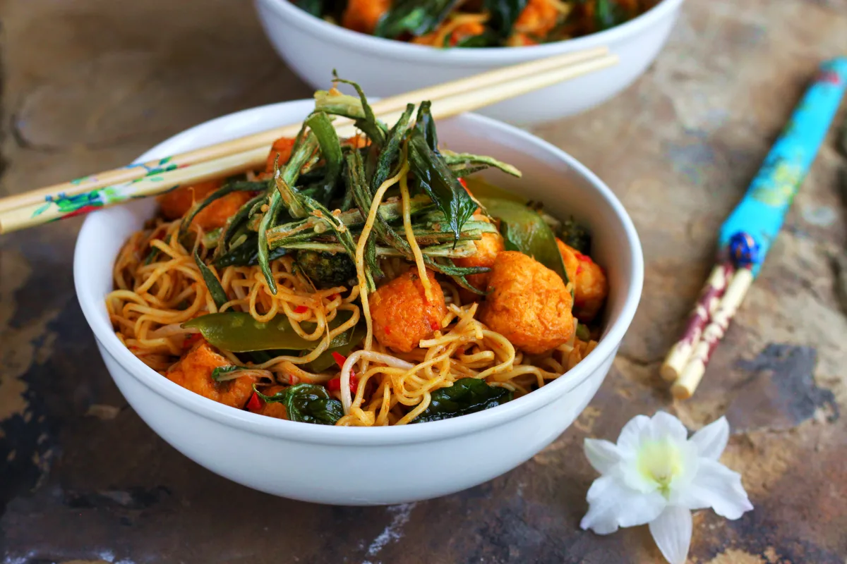 Chilli-Garlic Tofu Noodle Bowls with Crispy Fried Okra