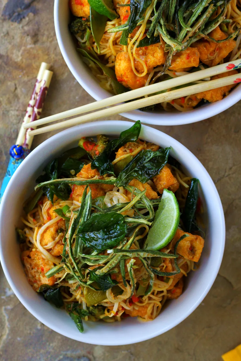 Chilli-Garlic Tofu Noodle Bowls with Crispy Fried Okra