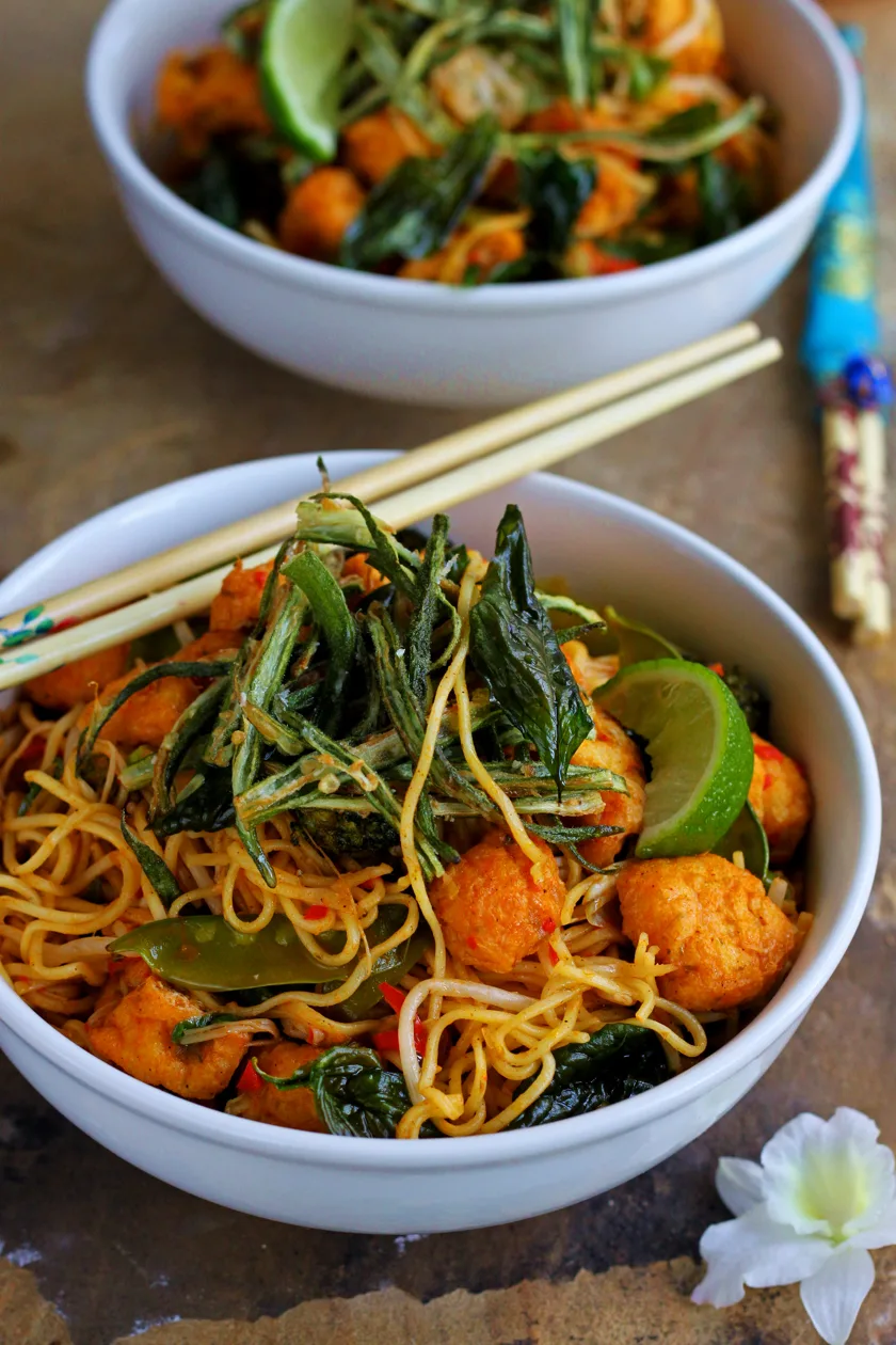 Chilli-Garlic Tofu Noodle Bowls with Crispy Fried Okra