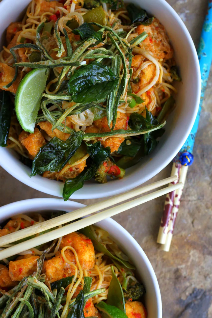 Chilli-Garlic Tofu Noodle Bowls with Crispy Fried Okra