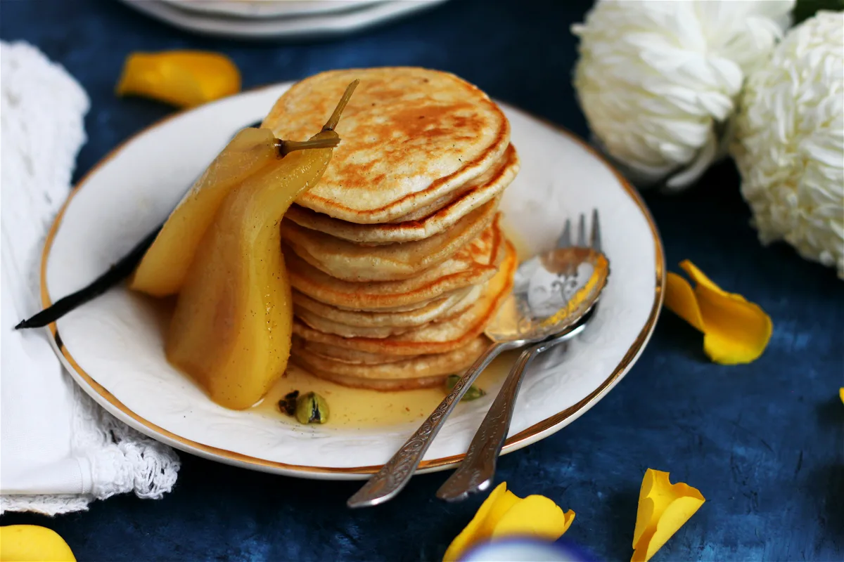 Fluffy Vegan Aquafaba Pancakes with Vanilla and Cardamom Poached Pears