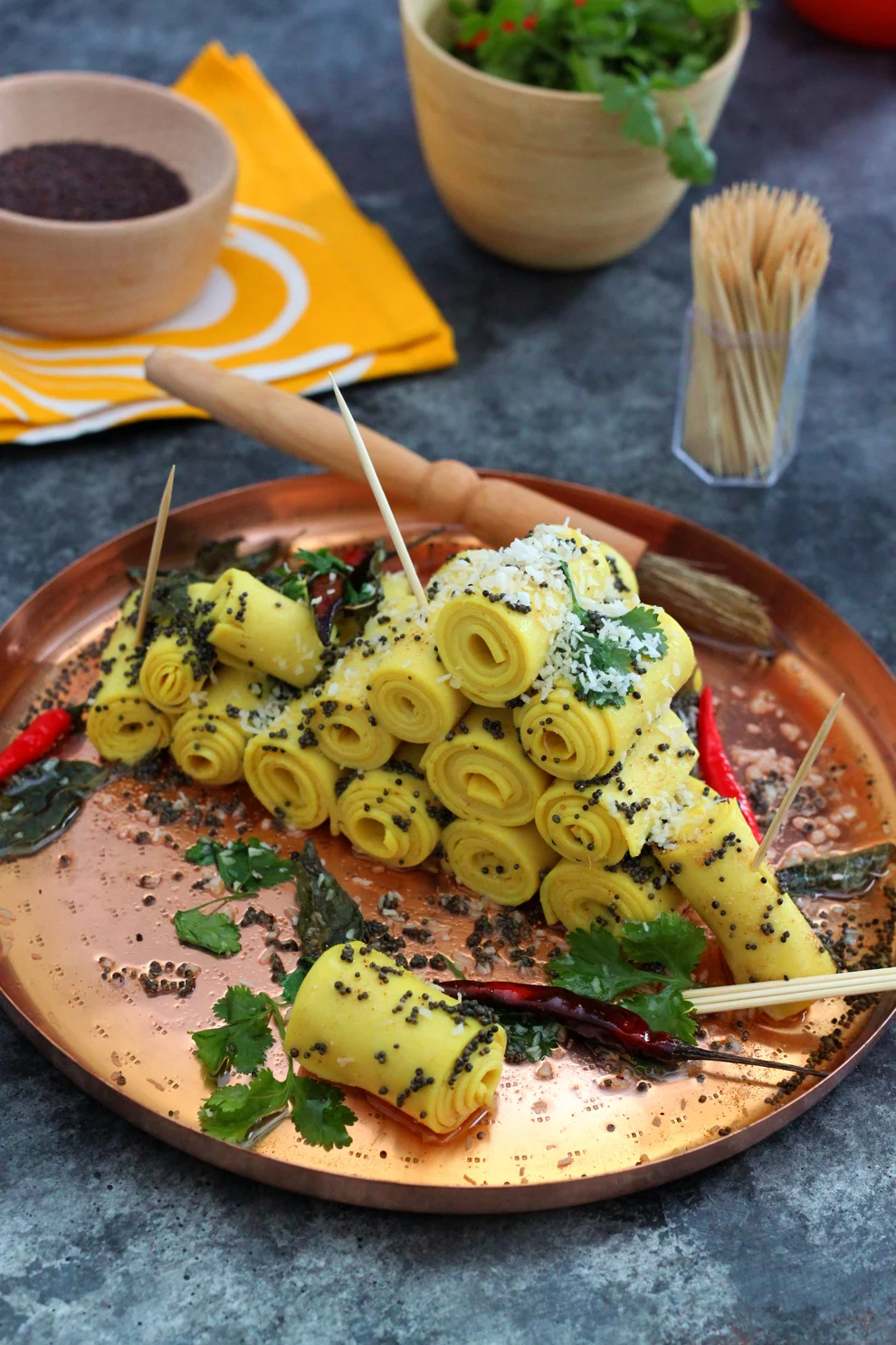 Vegan Khandvi (Indian Chickpea Pasta Rolls)