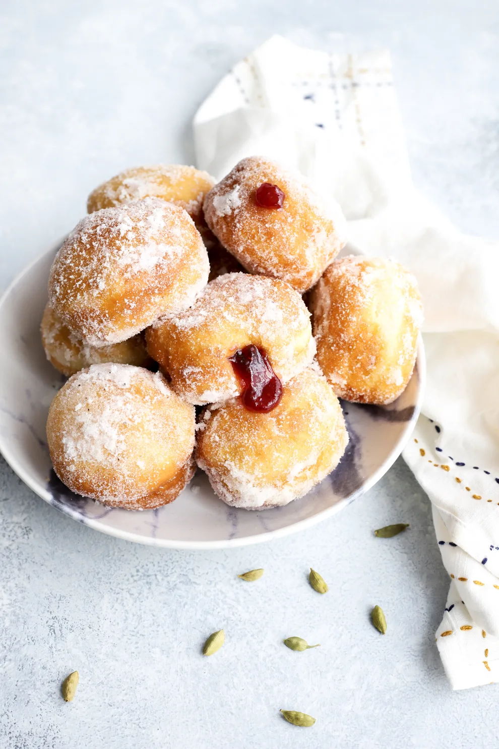 Vegan Raspberry Jam Doughnuts with Cardamom Sugar