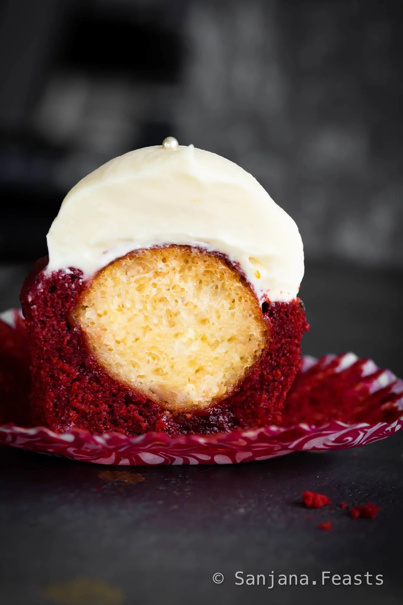 Eggless Red Velvet Cupcakes with Gulab Jamun inside