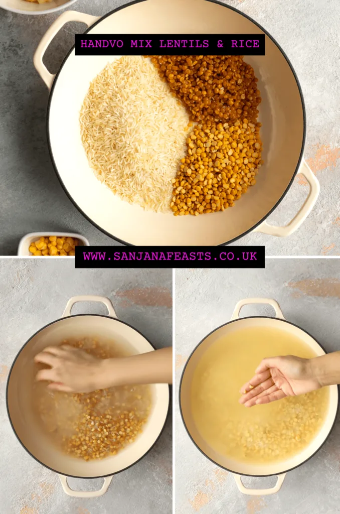 Soaking whole lentils and rice for Perfect Handvo (Gujarati Lentil Cake)