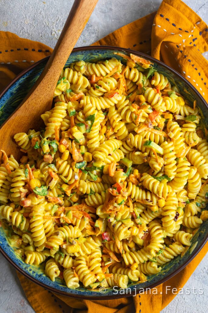 A bowl of Indian Curry Pasta Salad
