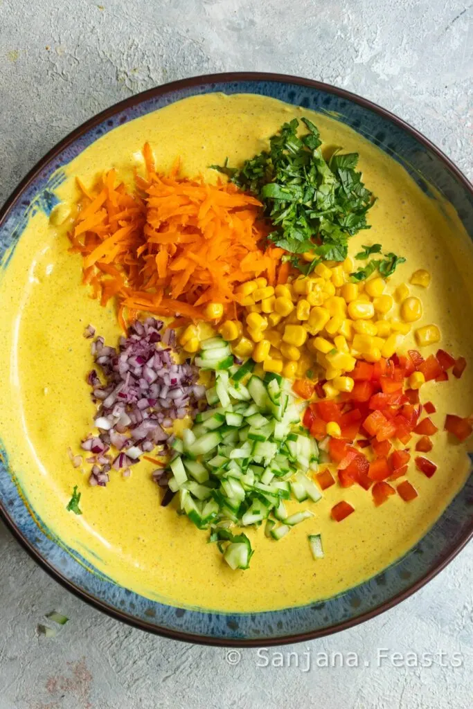 Ingredients for curry pasta salad