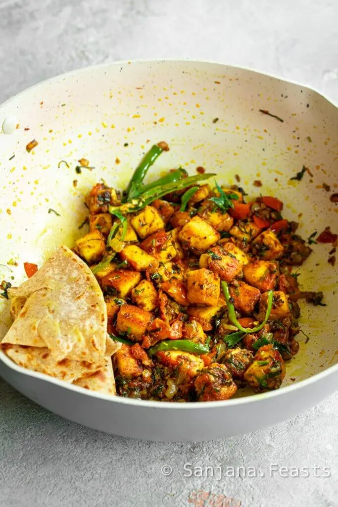 Paneer Curry Indian in a kadai with chapati